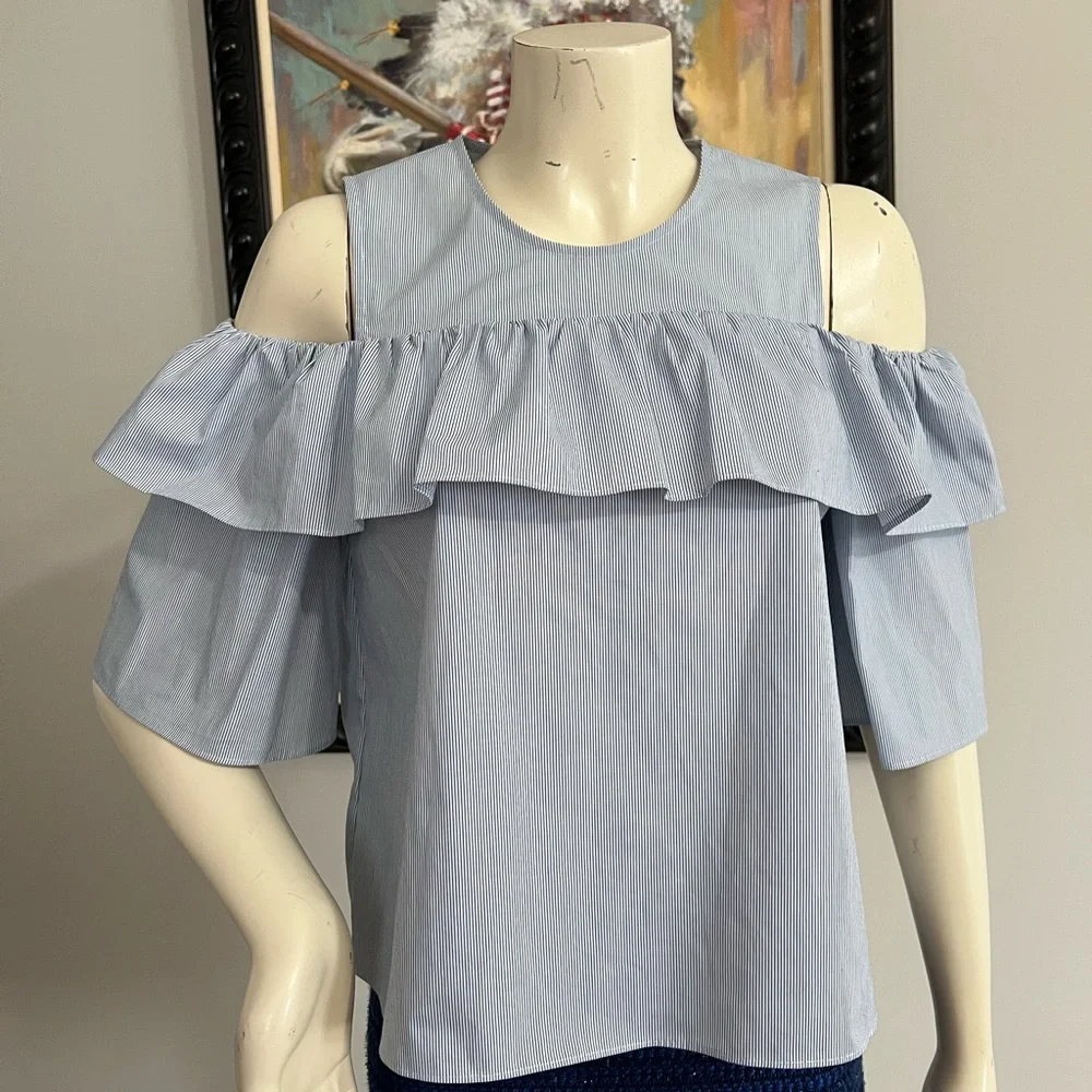 BCBGeneration Ruffled Striped Cold-Shoulder Top - Picture 3 of 10